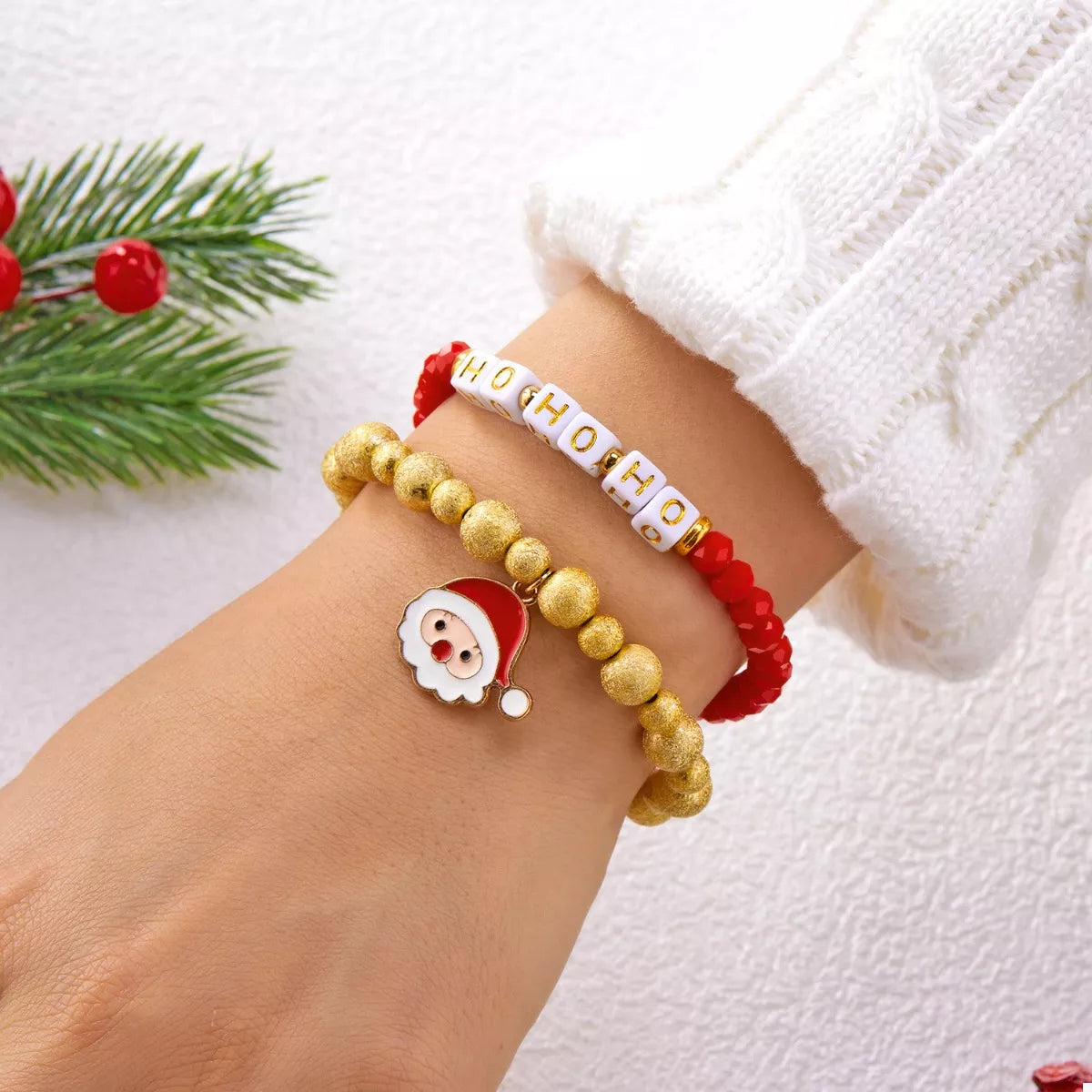 2 Piece Christmas Santa Beaded Bracelet
